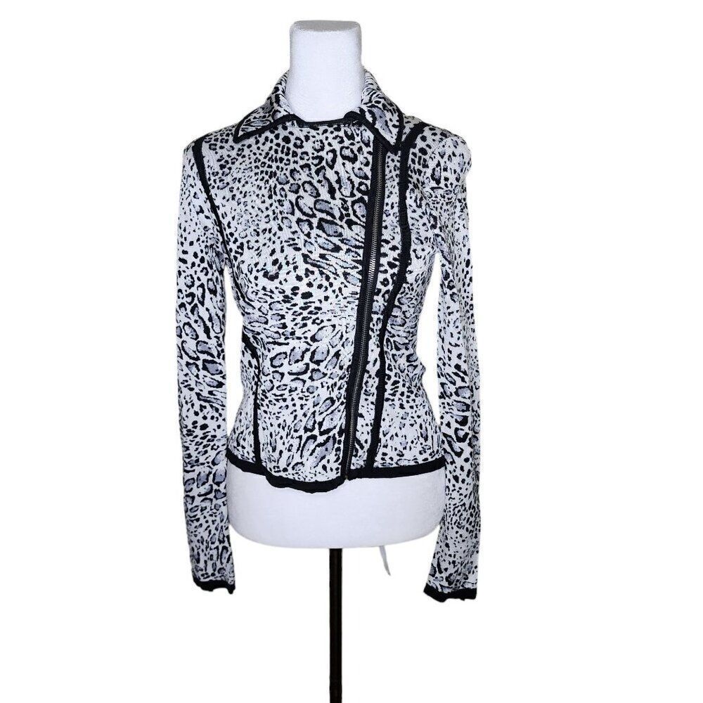 Vintage 90s Cache Asymmetrical Zip Animal Print Knit Jacket Womens Size XS White